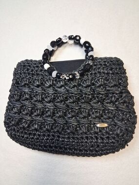 Capelli of New York Black Crochet Beaded Handle Tote